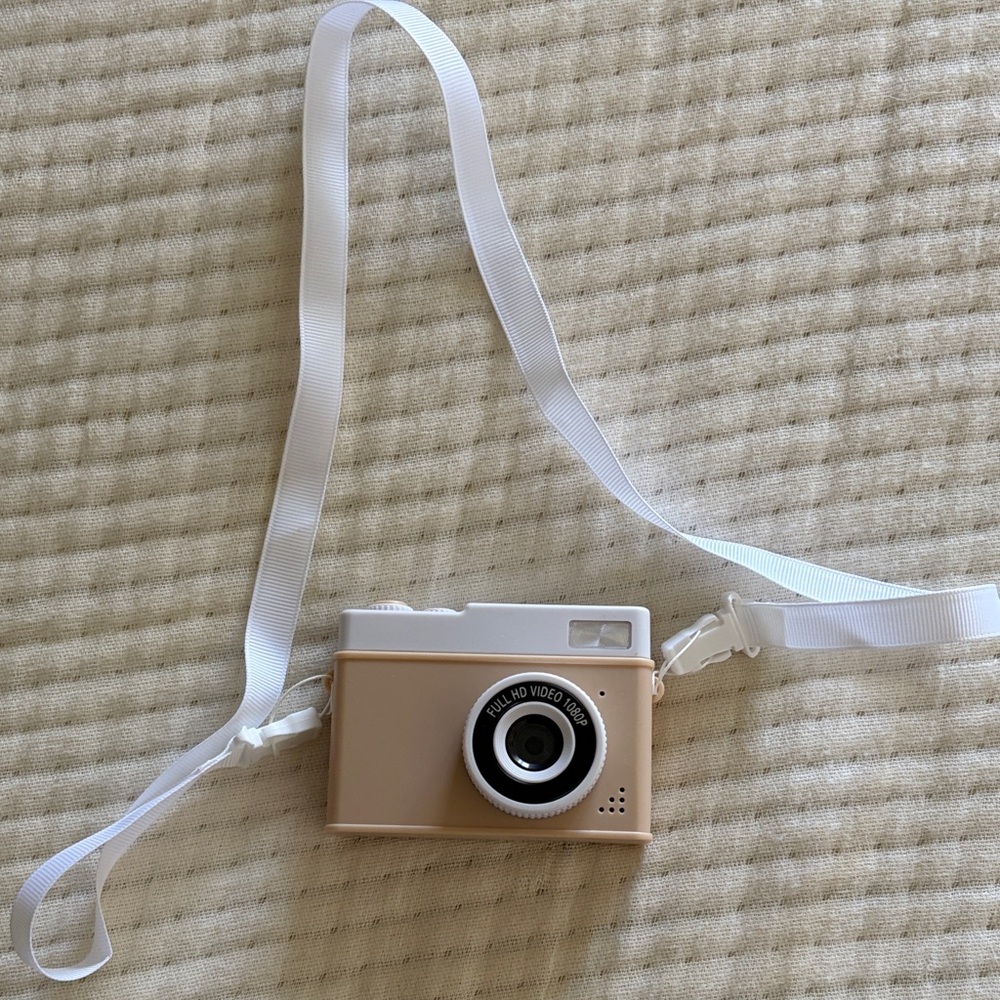Compact Cream and White Mini Digital Camera with Strap
